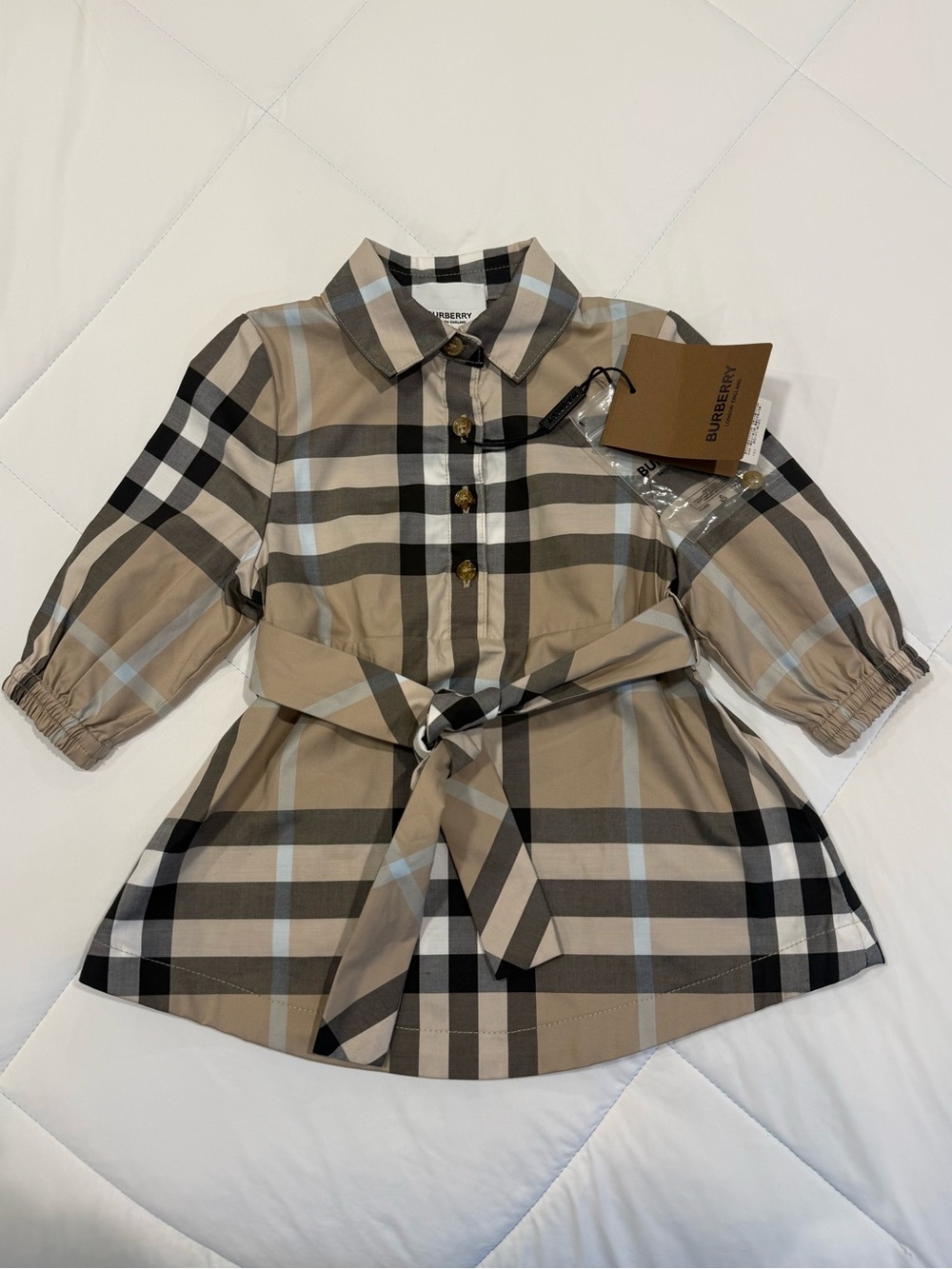 NWT Burberry Baby Girls House Check Belted Long Sleeve Collared Shirt Dress 6M